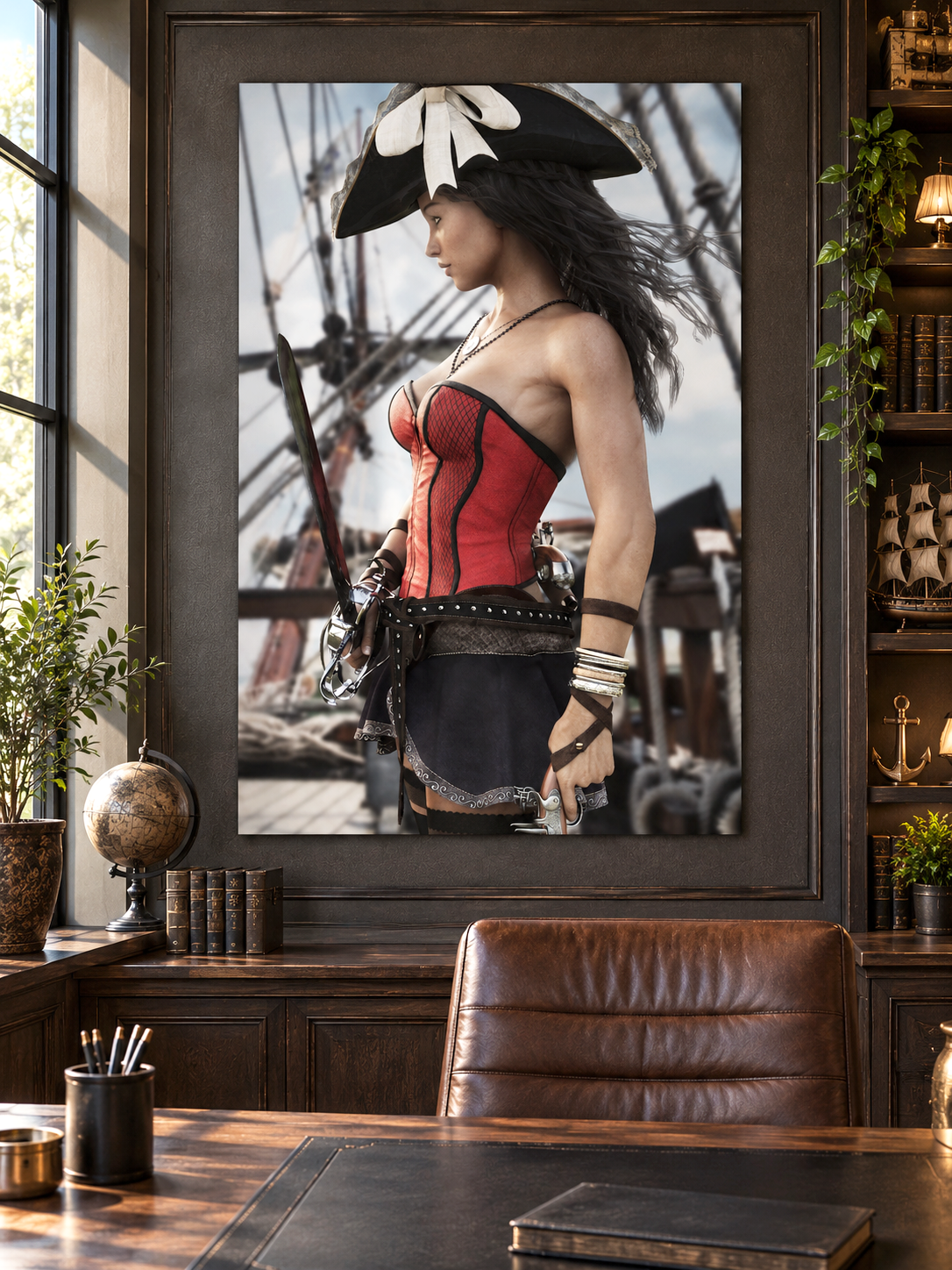 Large female pirate fantasy poster displayed in a sophisticated dark wood office with nautical decor and natural window light.