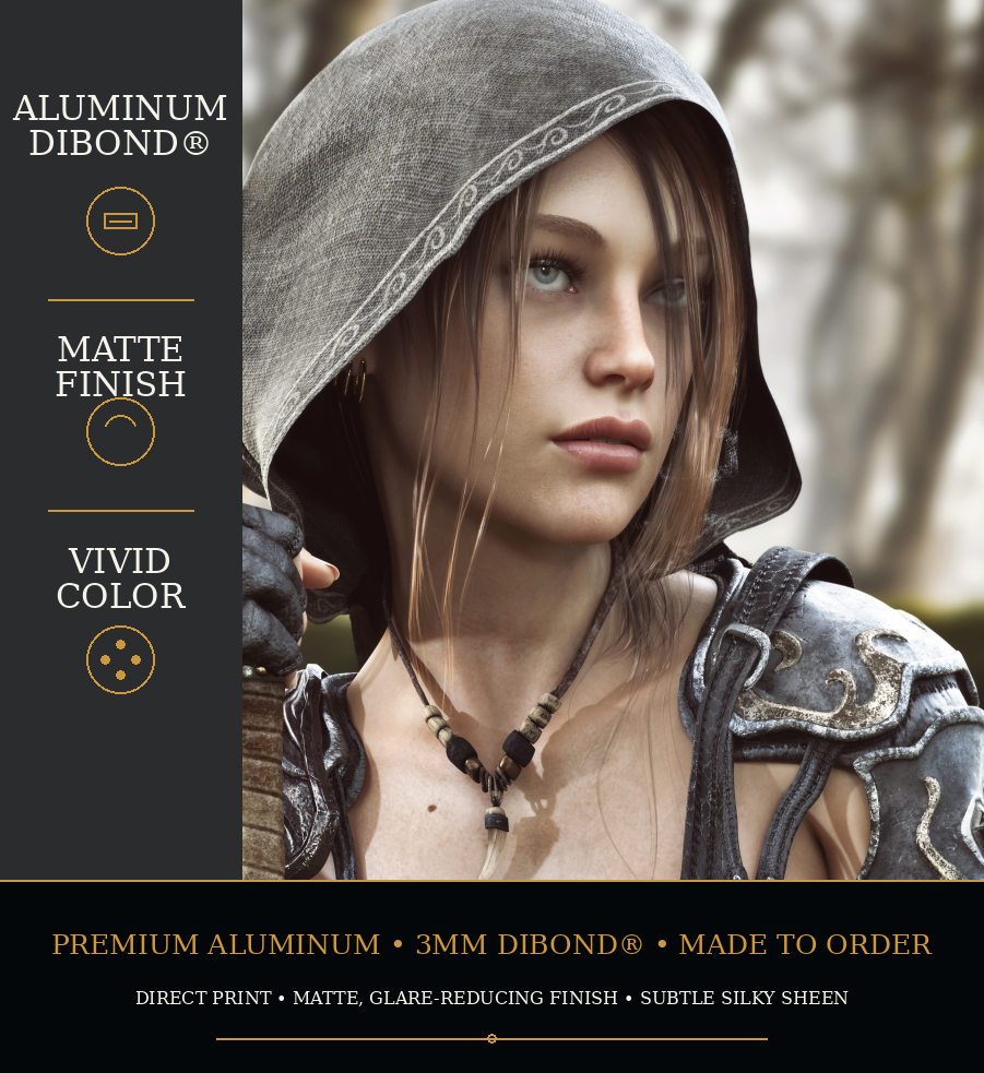 Close-up of a hooded female fantasy ranger showing vibrant color and crisp detail on an aluminum metal print.