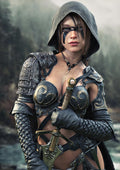 Hooded female ranger fantasy warrior portrait with ornate armor and war paint digital download wall art