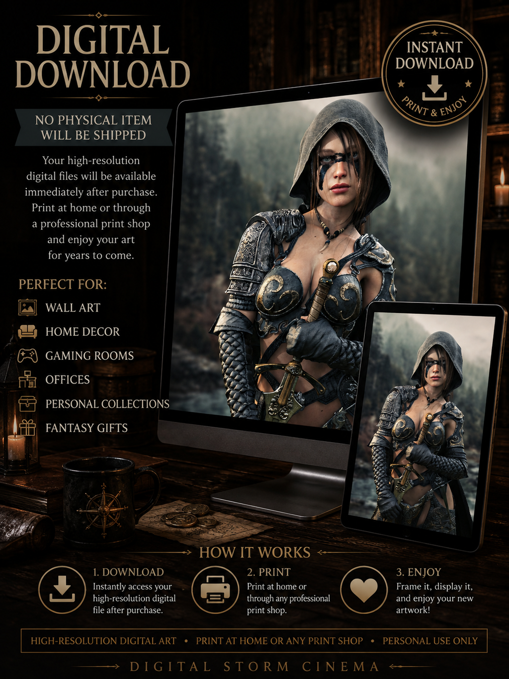 Hooded female ranger fantasy warrior portrait with ornate armor and war paint digital download wall art