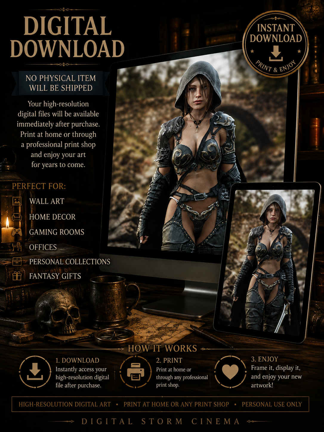 Hooded female ranger warrior in detailed silver armor fantasy wall art digital download