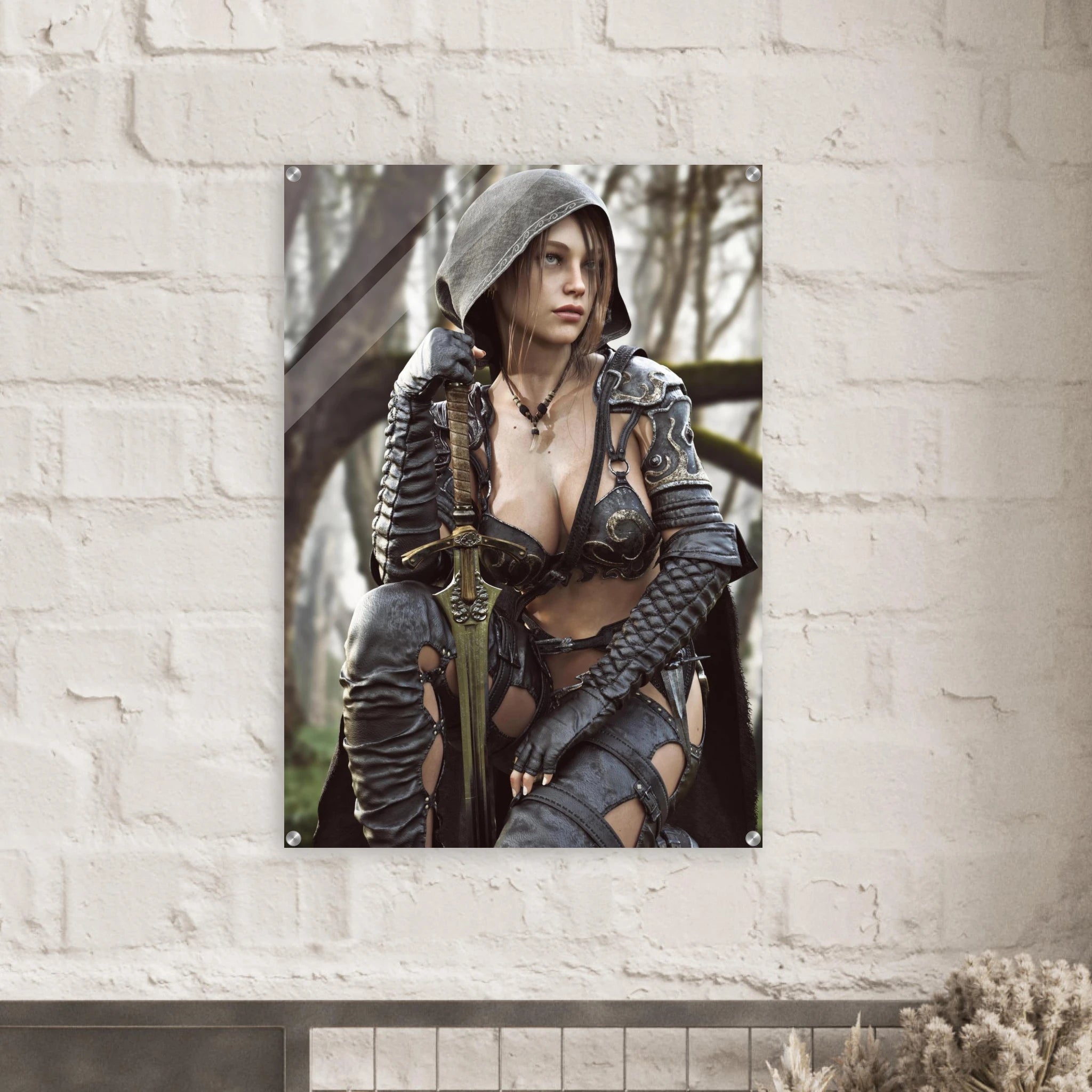 Female ranger fantasy wall art featuring a hooded female warrior kneeling with an ornate medieval sword, dark leather armor and metallic shoulder guards in a misty enchanted forest setting.