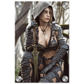 Female ranger fantasy wall art featuring a hooded female warrior kneeling with an ornate medieval sword, dark leather armor and metallic shoulder guards in a misty enchanted forest setting.
