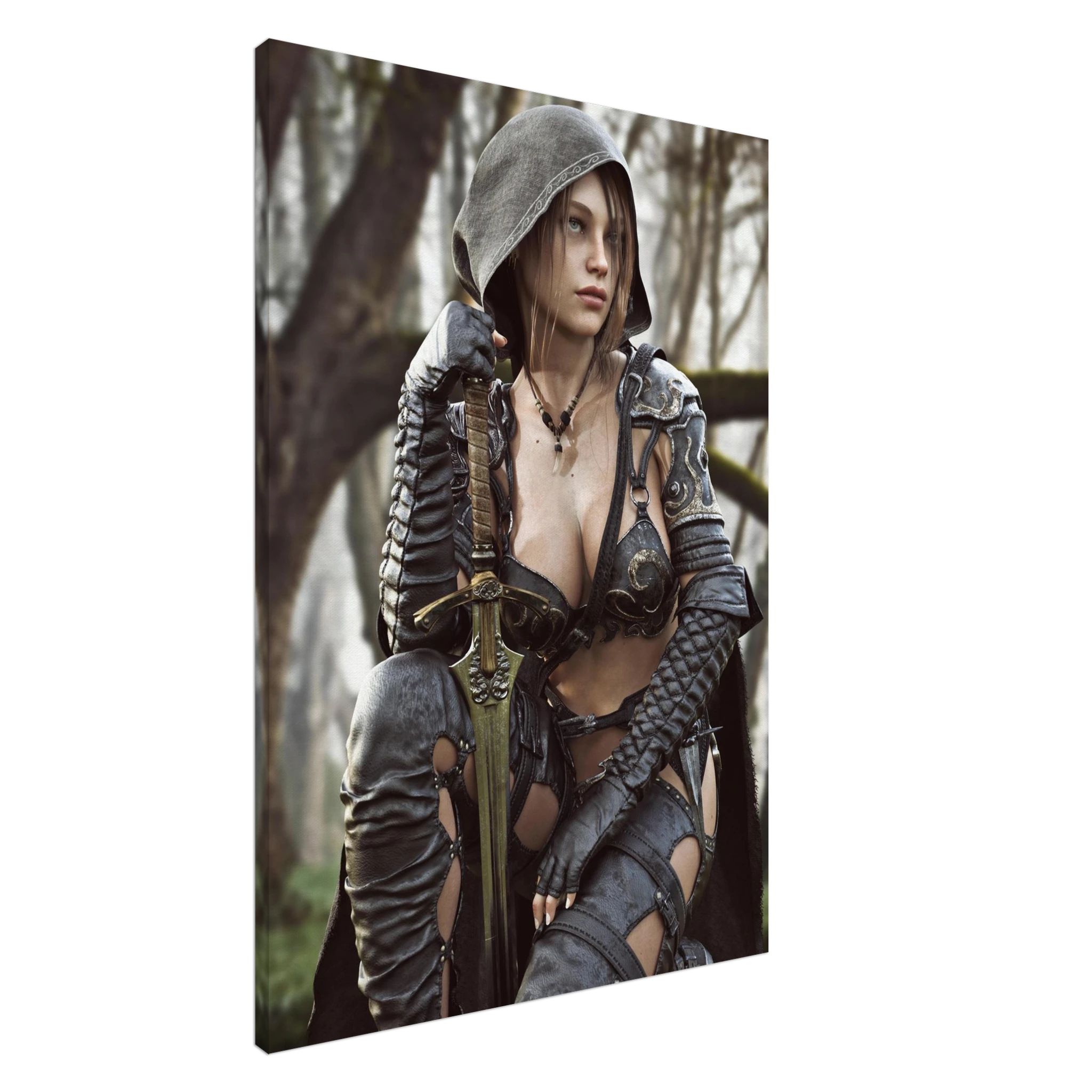 Female ranger fantasy wall art featuring a hooded female warrior kneeling with an ornate medieval sword, dark leather armor and metallic shoulder guards in a misty enchanted forest setting.