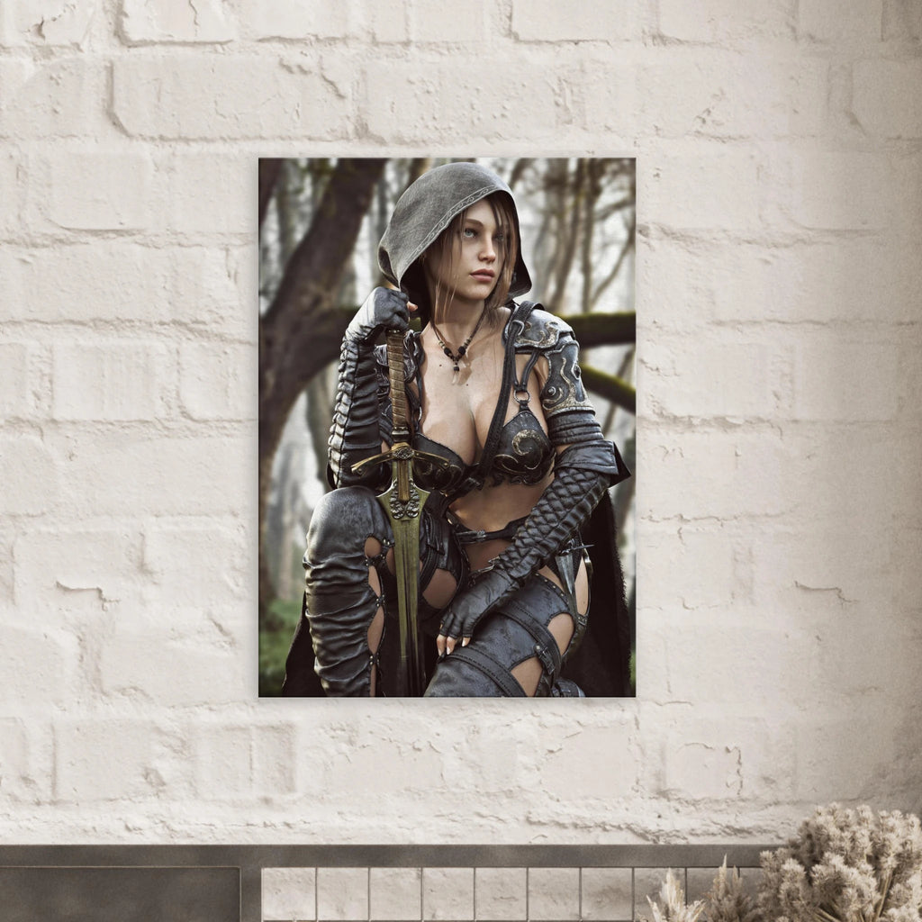 Female ranger fantasy wall art featuring a hooded female warrior kneeling with an ornate medieval sword, dark leather armor and metallic shoulder guards in a misty enchanted forest setting.