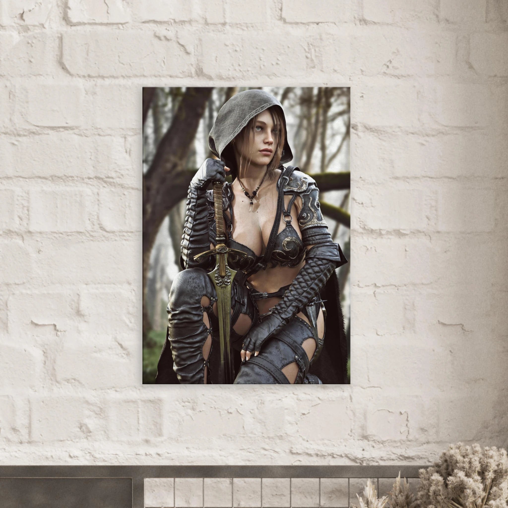 Female ranger fantasy wall art featuring a hooded female warrior kneeling with an ornate medieval sword, dark leather armor and metallic shoulder guards in a misty enchanted forest setting.