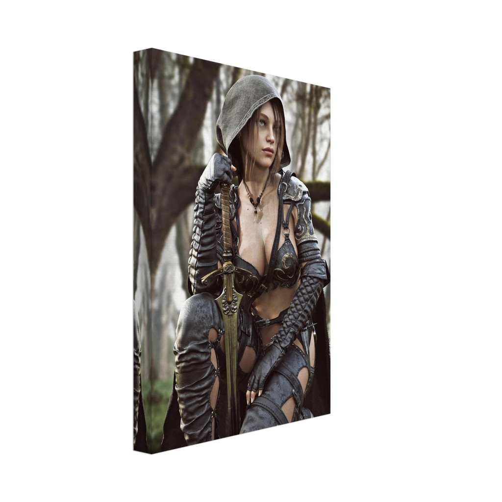 Female ranger fantasy wall art featuring a hooded female warrior kneeling with an ornate medieval sword, dark leather armor and metallic shoulder guards in a misty enchanted forest setting.