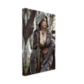 Female ranger fantasy wall art featuring a hooded female warrior kneeling with an ornate medieval sword, dark leather armor and metallic shoulder guards in a misty enchanted forest setting.
