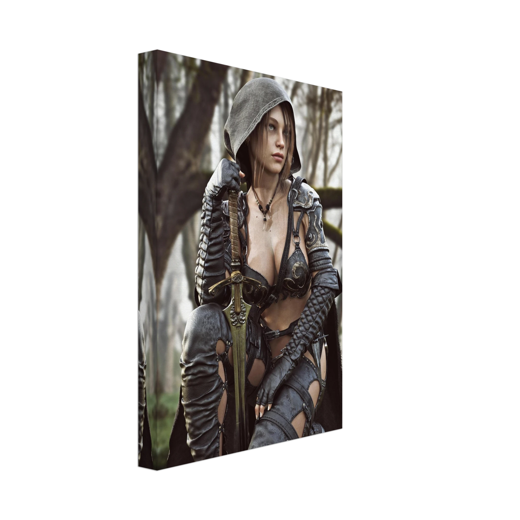 Female ranger fantasy wall art featuring a hooded female warrior kneeling with an ornate medieval sword, dark leather armor and metallic shoulder guards in a misty enchanted forest setting.