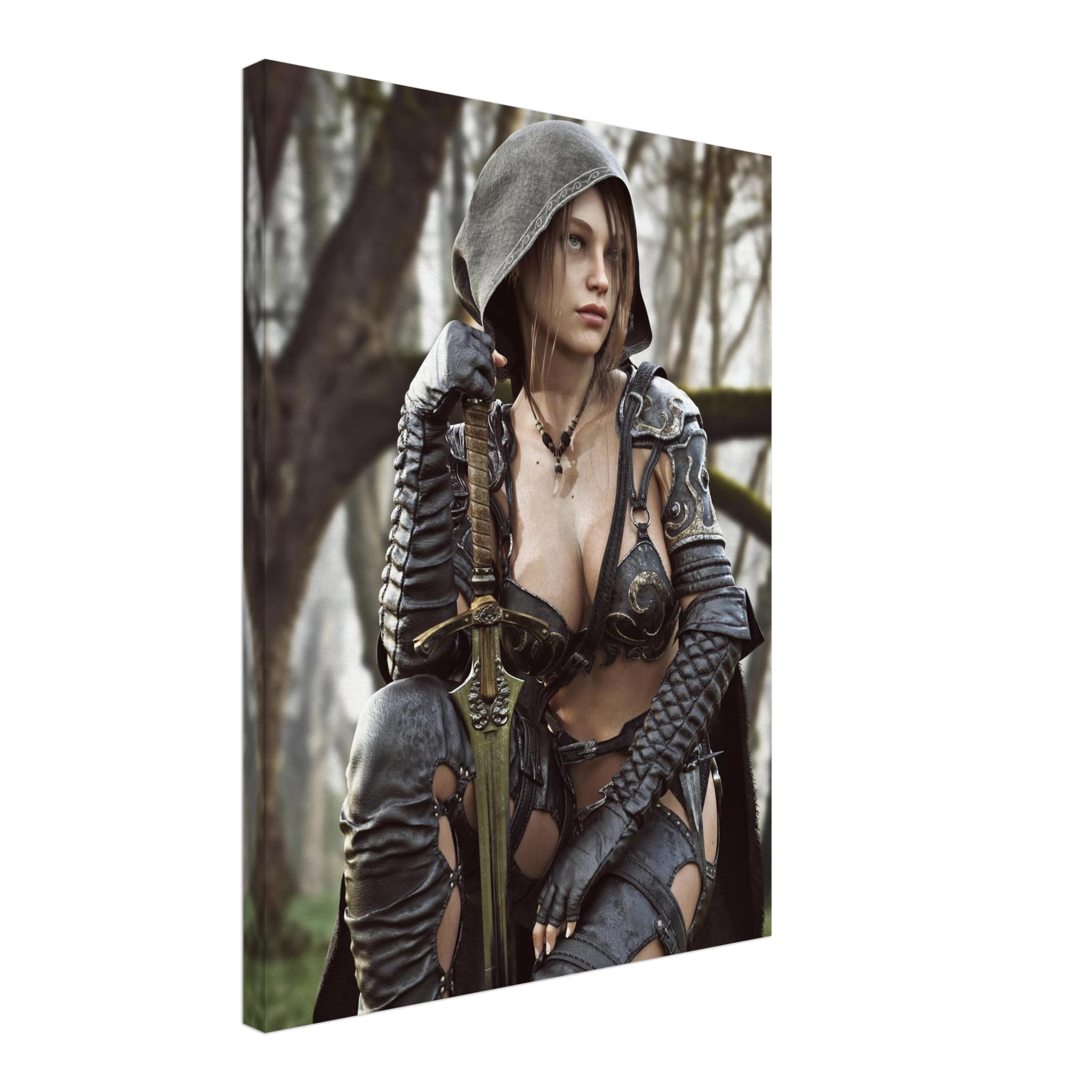 Female ranger fantasy wall art featuring a hooded female warrior kneeling with an ornate medieval sword, dark leather armor and metallic shoulder guards in a misty enchanted forest setting.
