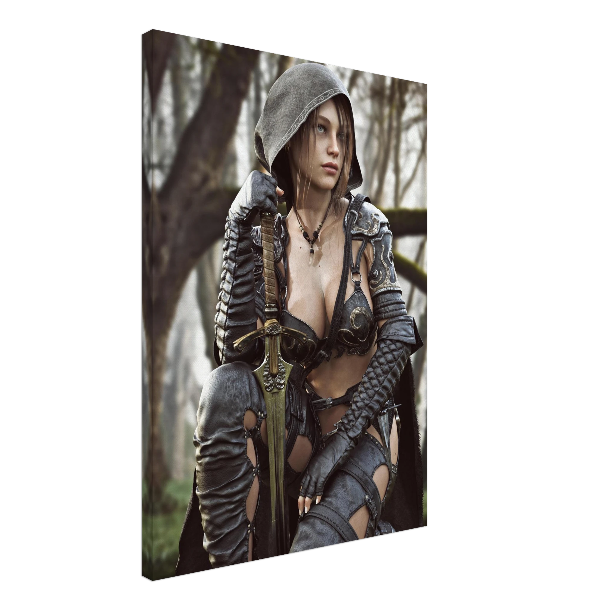 Female ranger fantasy wall art featuring a hooded female warrior kneeling with an ornate medieval sword, dark leather armor and metallic shoulder guards in a misty enchanted forest setting.