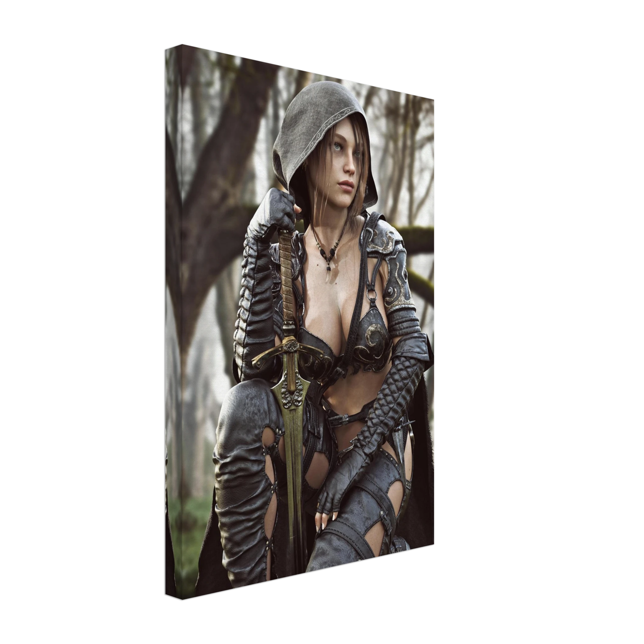 Female ranger fantasy wall art featuring a hooded female warrior kneeling with an ornate medieval sword, dark leather armor and metallic shoulder guards in a misty enchanted forest setting.
