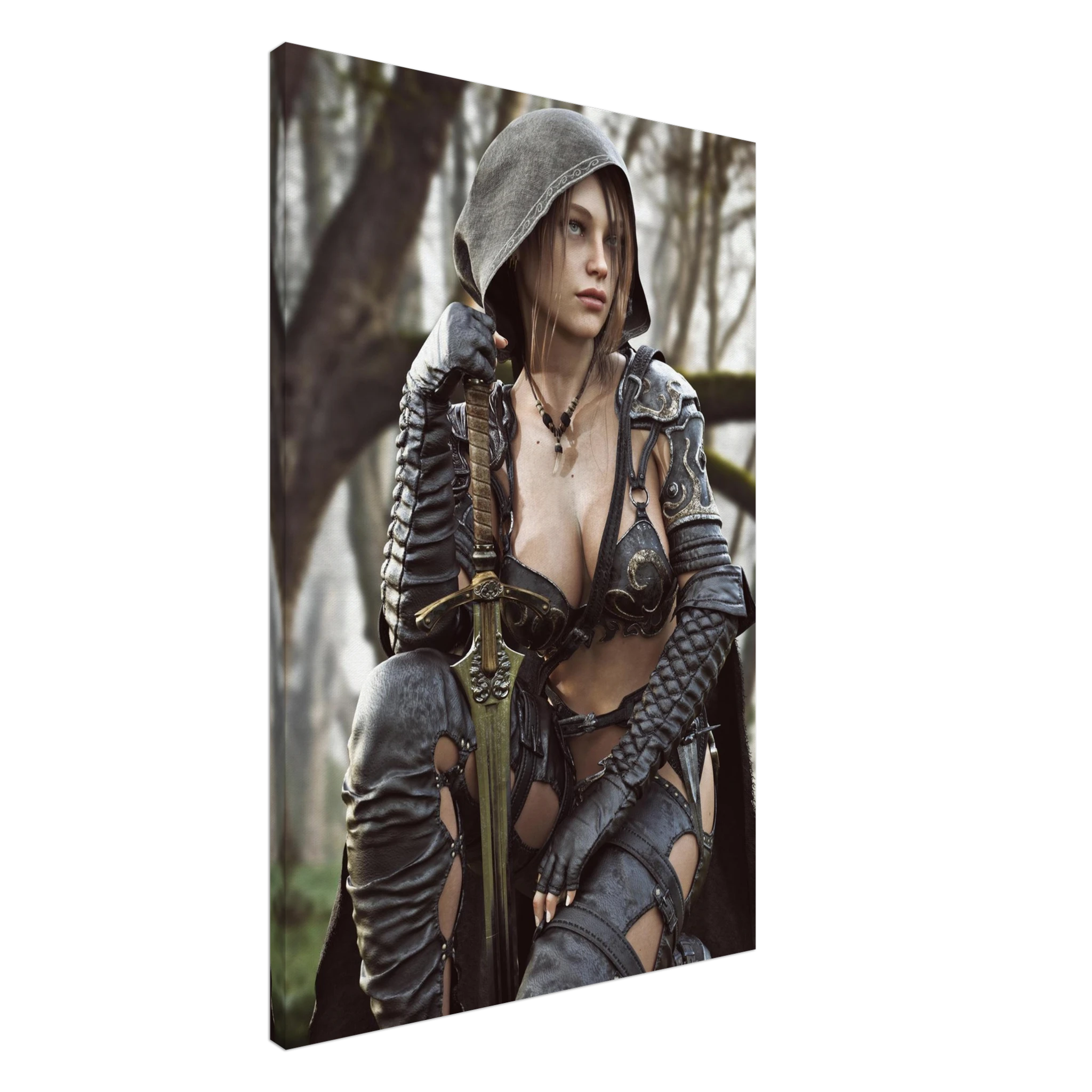 Female ranger fantasy wall art featuring a hooded female warrior kneeling with an ornate medieval sword, dark leather armor and metallic shoulder guards in a misty enchanted forest setting.