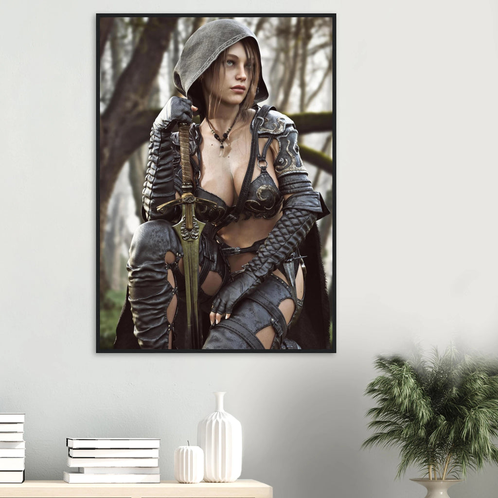 A framed vertical art print depicting a fantasy female warrior in dark armor holding a sword, displayed on a light gray wall above a console table with books and a plant.