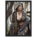 A framed art print featuring a fantasy illustration of a female warrior in dark armor with a sword, set against a blurred forest background.