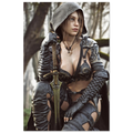 Female ranger fantasy wall art featuring a hooded female warrior kneeling with an ornate medieval sword, dark leather armor and metallic shoulder guards in a misty enchanted forest setting.