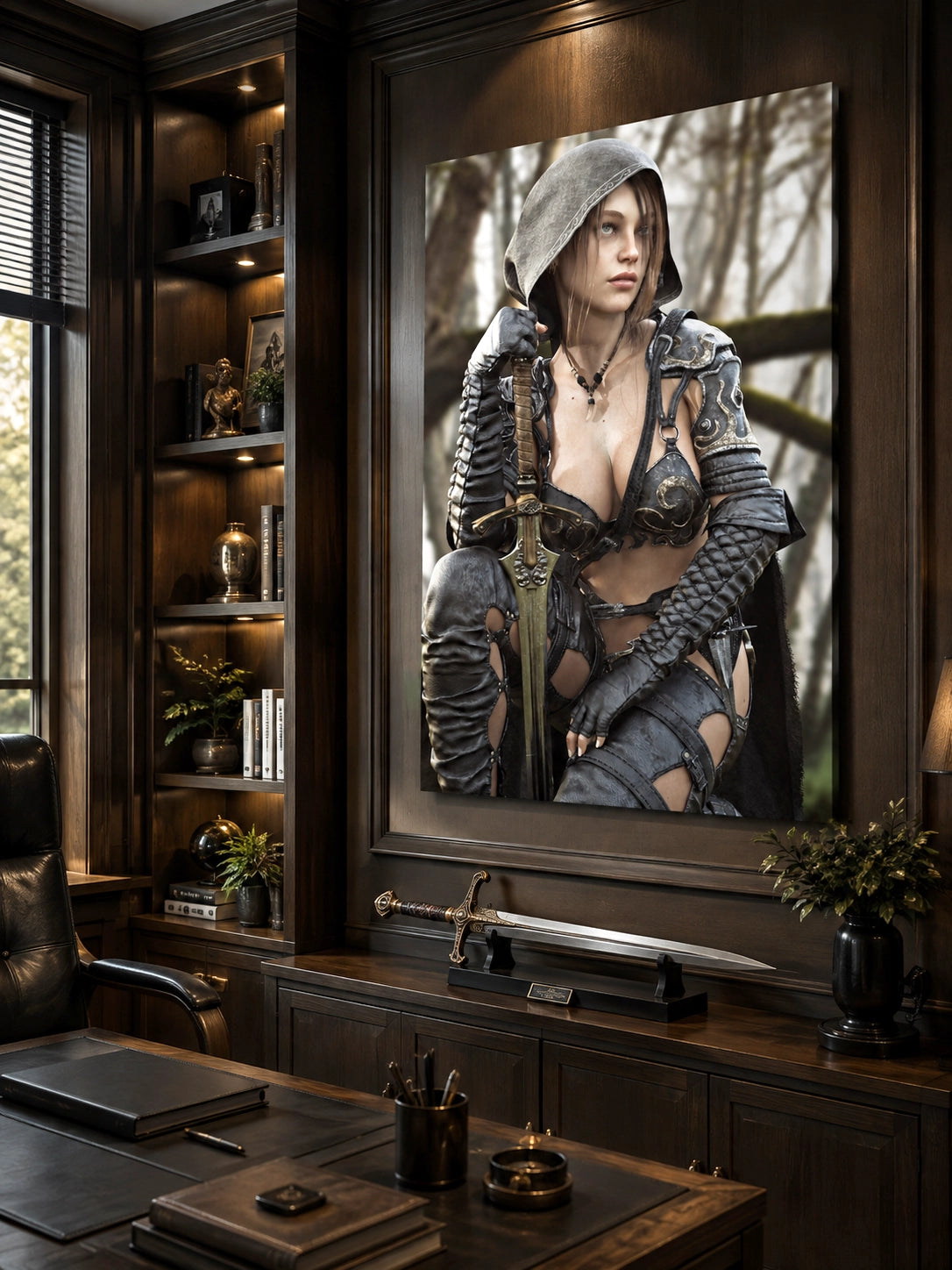Female ranger fantasy wall art featuring a hooded female warrior kneeling with an ornate medieval sword, dark leather armor and metallic shoulder guards in a misty enchanted forest setting.