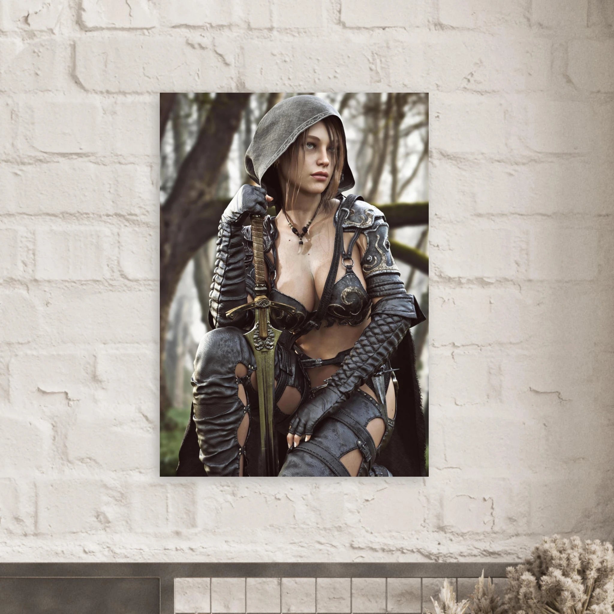 Female ranger fantasy wall art featuring a hooded female warrior kneeling with an ornate medieval sword, dark leather armor and metallic shoulder guards in a misty enchanted forest setting.