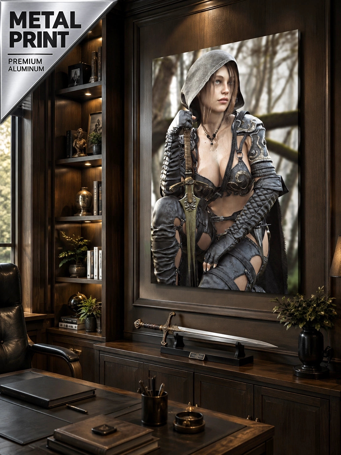 Female ranger fantasy wall art featuring a hooded female warrior kneeling with an ornate medieval sword, dark leather armor and metallic shoulder guards in a misty enchanted forest setting.