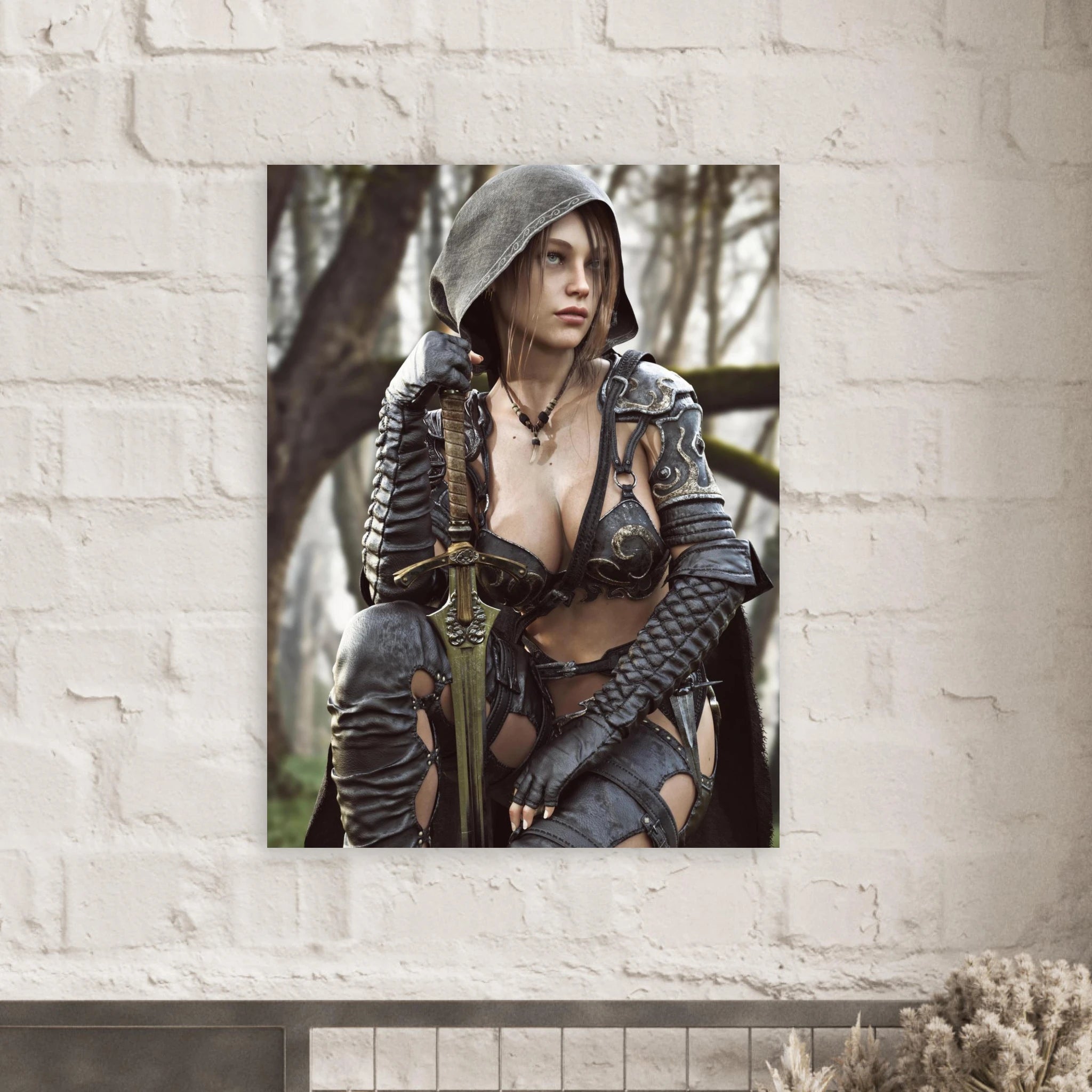 A vertical wall art print depicting a hooded fantasy warrior in dark armor holding a sword, mounted on a white brick wall above a mantel.