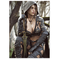 A woman in fantasy armor posing with a sword in a forest setting. She wears a dark gray hooded cloak, black leather-like armor pieces, long gloves, and thigh-high cutout boots.