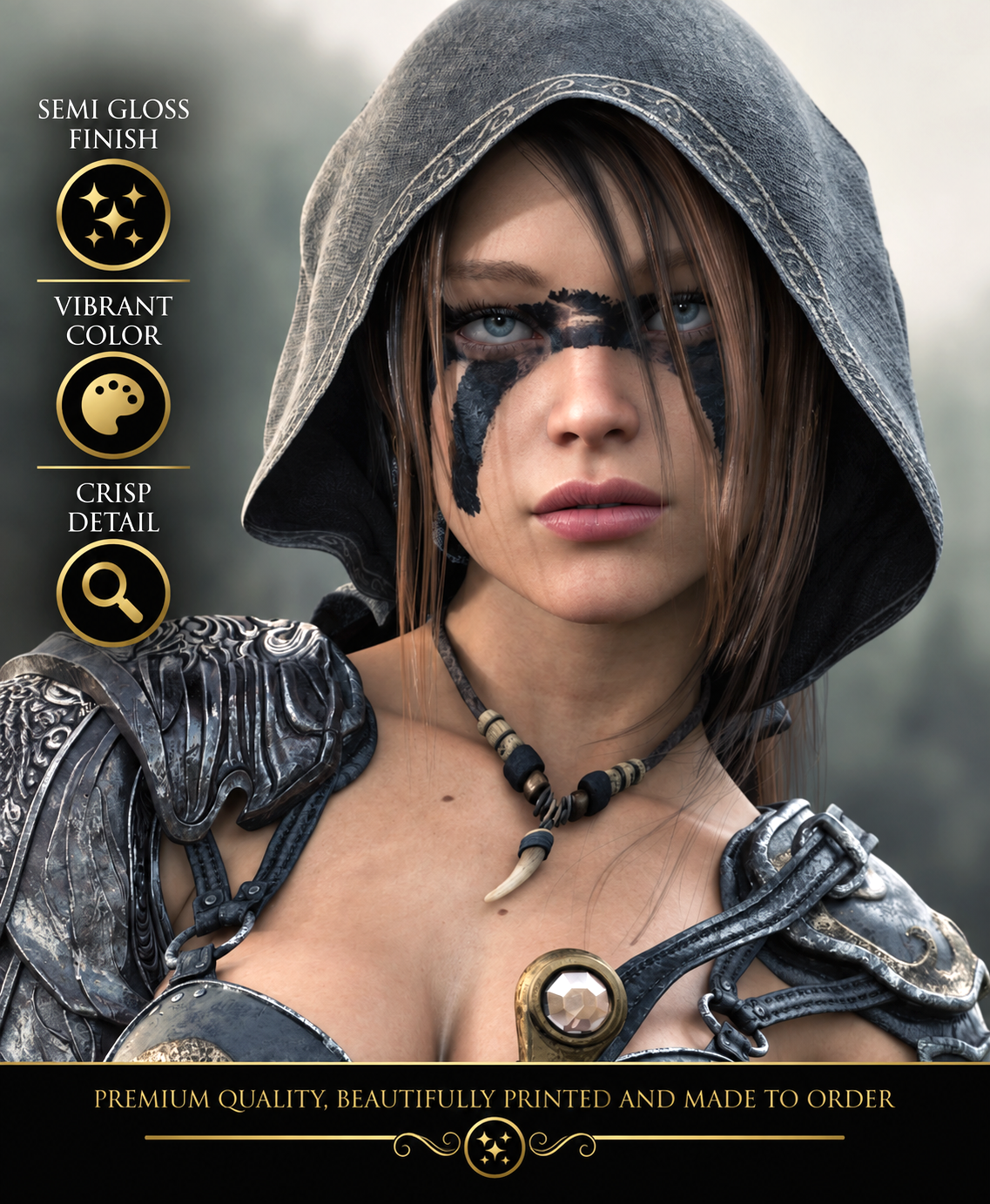 Close-up portrait of a hooded female fantasy ranger with blue eyes, dark face paint and detailed silver armor, highlighting the semi-gloss finish and crisp detail of the fantasy wall art print.