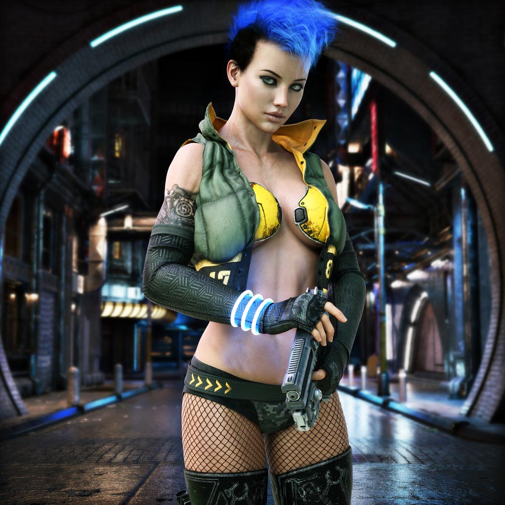 Female sci-fi cyber warrior with blue hair and futuristic weapon in a neon cyberpunk city digital wall art