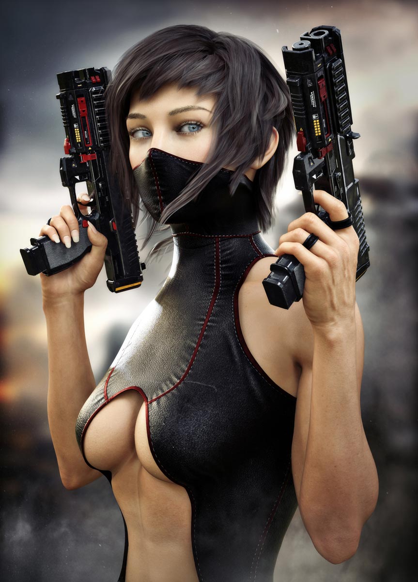 Female sci-fi warrior with dual futuristic pistols, black tactical outfit and face mask in a cinematic science fiction setting