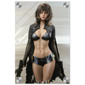 A vertical wall art print featuring a futuristic woman in black metallic lingerie and a dark open jacket, posed against a pale sci-fi background. The print is shown with rounded corners and silver metal mounting hardware visible at the corners.