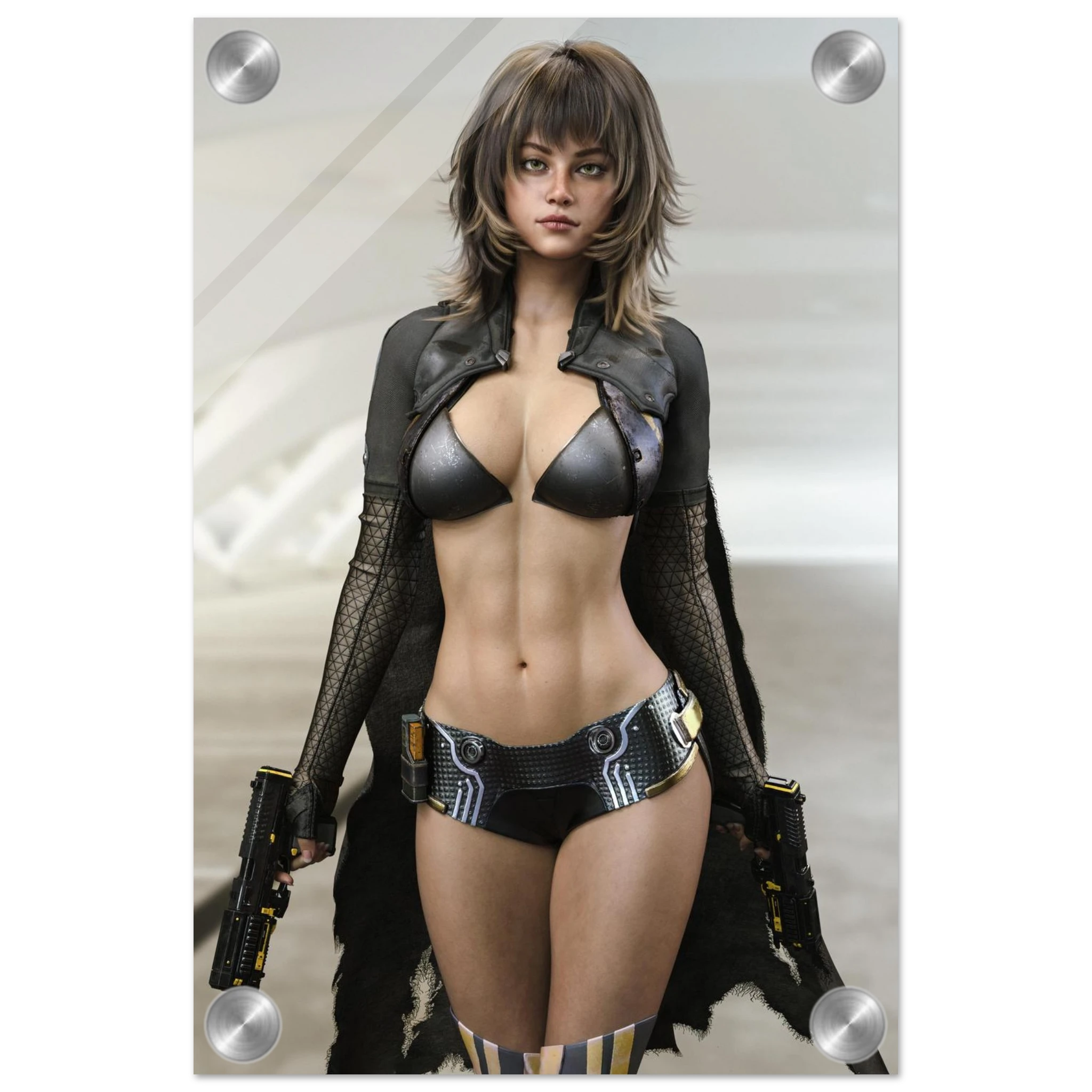 A vertical wall art print featuring a futuristic woman in black metallic lingerie and a dark open jacket, posed against a pale sci-fi background. The print is shown with rounded corners and silver metal mounting hardware visible at the corners.