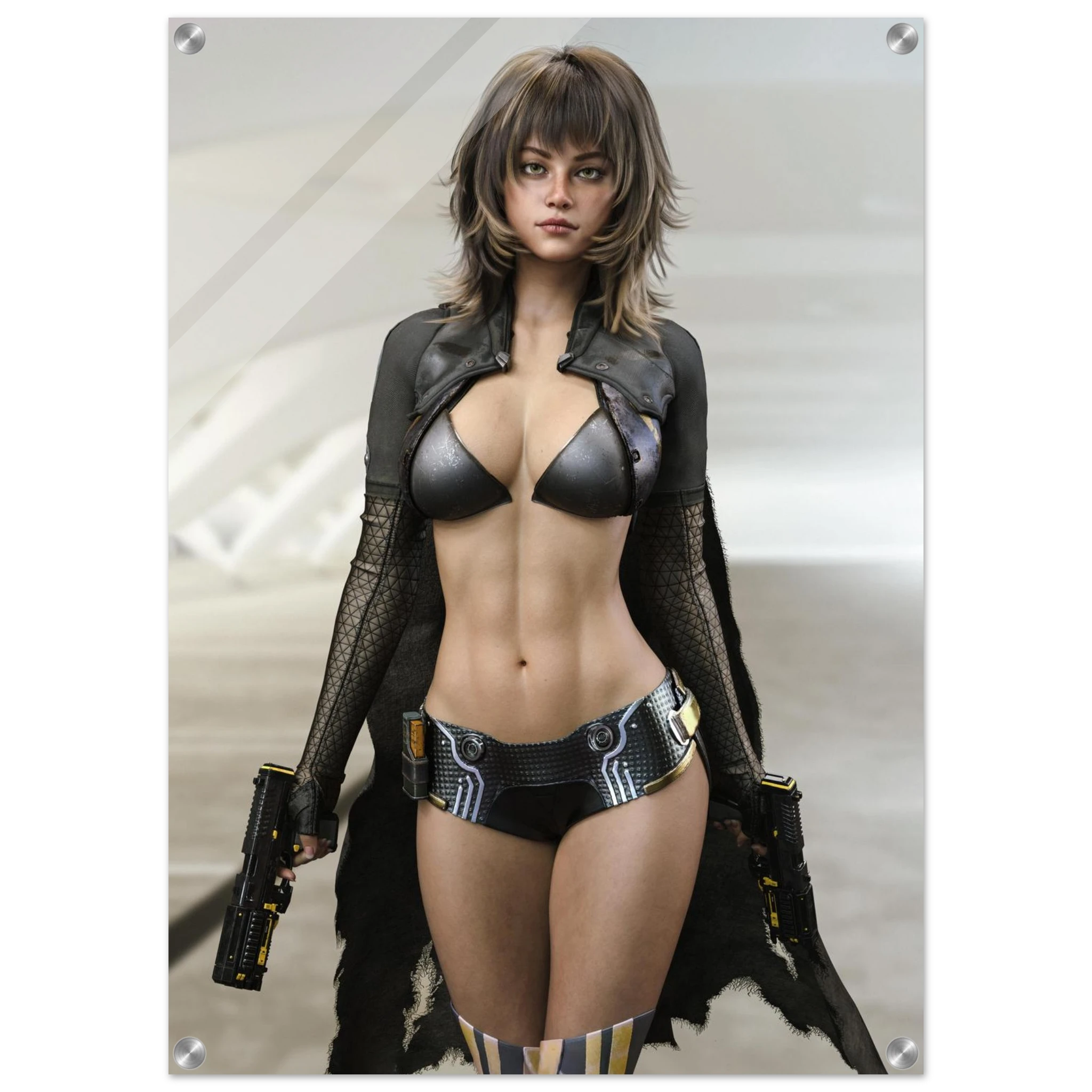 A vertical poster or print featuring a stylized portrait of a woman in futuristic black lingerie and a dark open jacket, holding two pistol-like props, set against a light gray background with rounded corners and visible mounting holes.