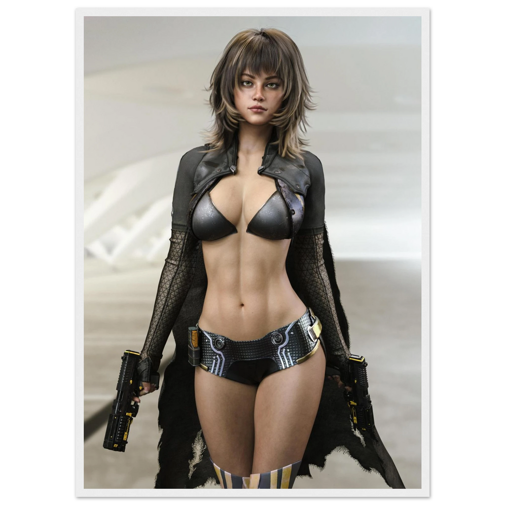 A fashion poster print featuring a model in a futuristic black leather and mesh bikini outfit with a dark cape, holding two futuristic guns, set against a light gray background with a white border.