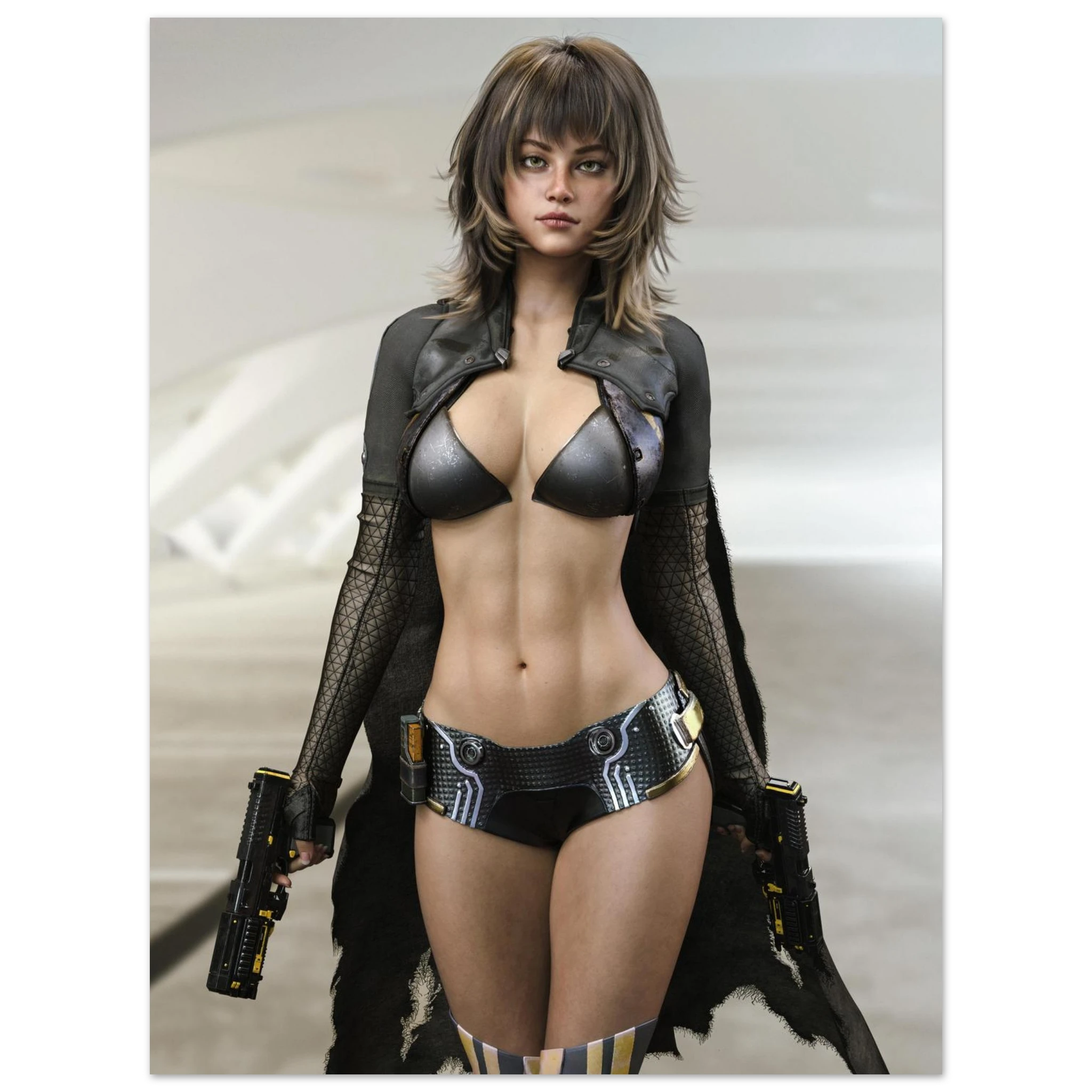 A woman modeling a futuristic black leather and mesh bodysuit with a matching black cape and tactical gloves, holding a pistol, set against a blurred light gray sci-fi background.