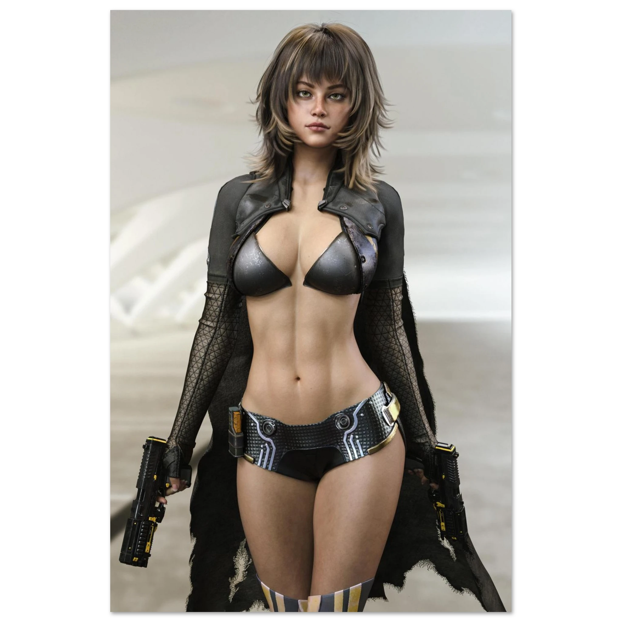 A fashion runway-style photo of a woman modeling a futuristic black outfit with a metallic black bra top, sheer black long sleeves, a black faux-leather vest, a black patterned mini skirt, and black thigh-high stockings, while holding two black pistols. The background is a clean, light gray runway setting.