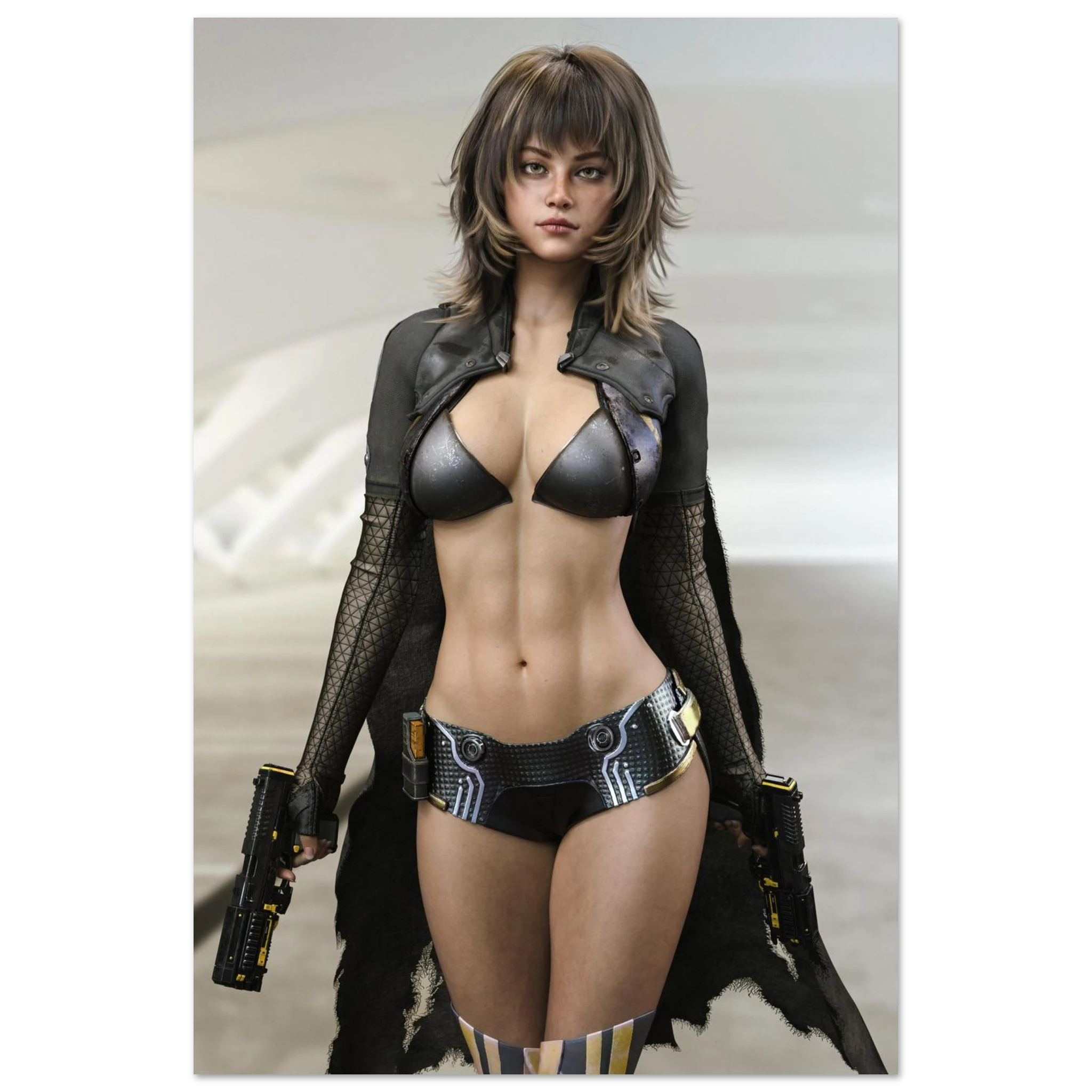 A woman modeling a black futuristic cyberpunk-style lingerie set with a metallic black bra, matching black shorts with silver circuit details, sheer black mesh sleeves, and a black faux-leather collar, holding black futuristic pistols against a blurred gray background.