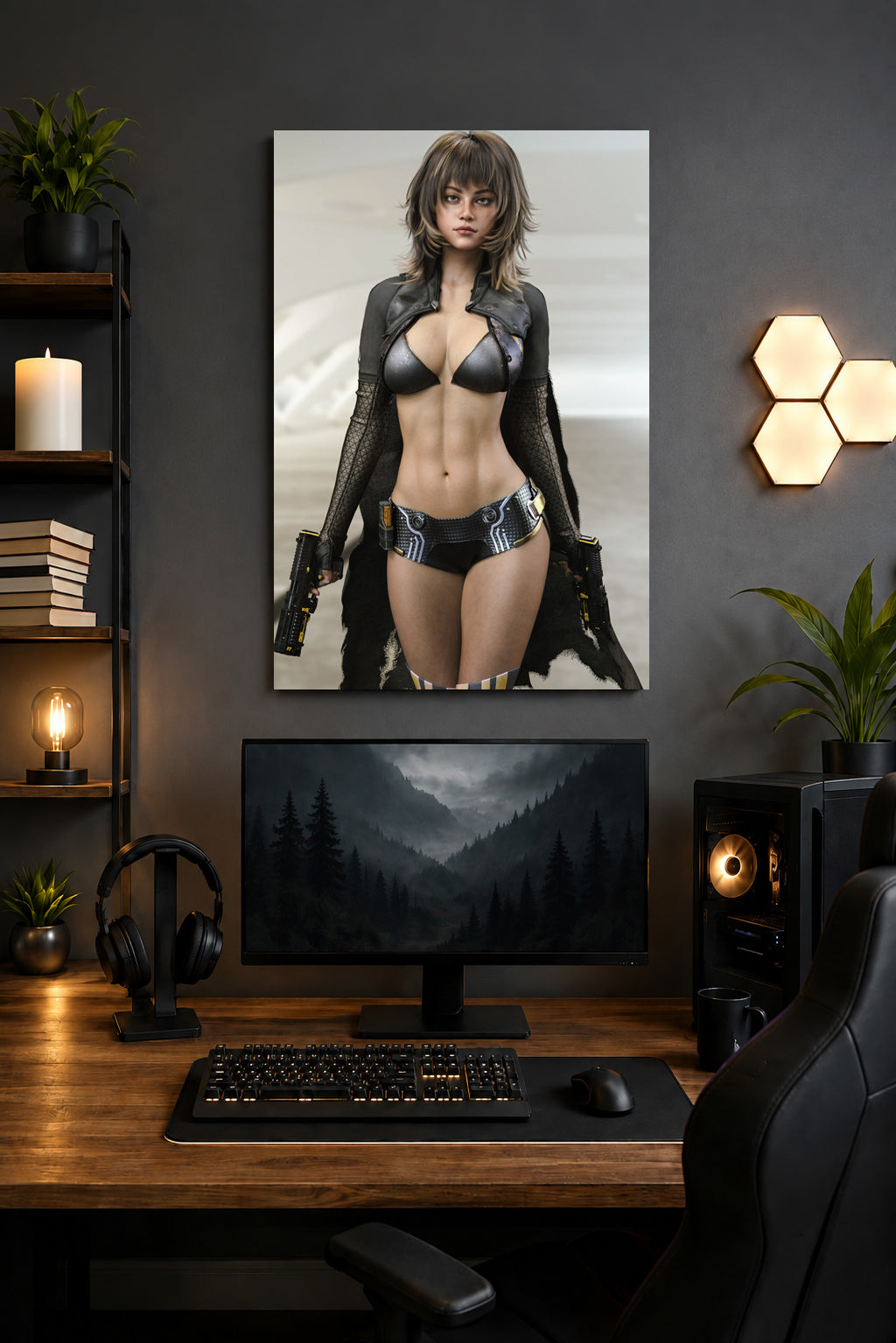 A large vertical wall art print depicting a woman in a black outfit, displayed above a computer desk in a modern home office setup.
