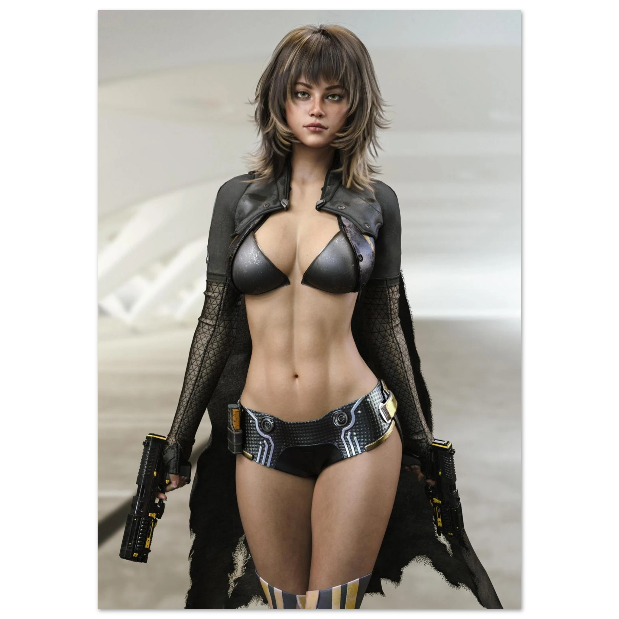 A poster print of a woman in a futuristic black bodysuit with a metallic bra top, black faux-leather collar, sheer mesh sleeves, and matching shorts, holding two pistols.