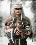 Female Viking warrior with white braided hair, black war paint, fur armor, shield and battle axe in snowy Nordic landscape