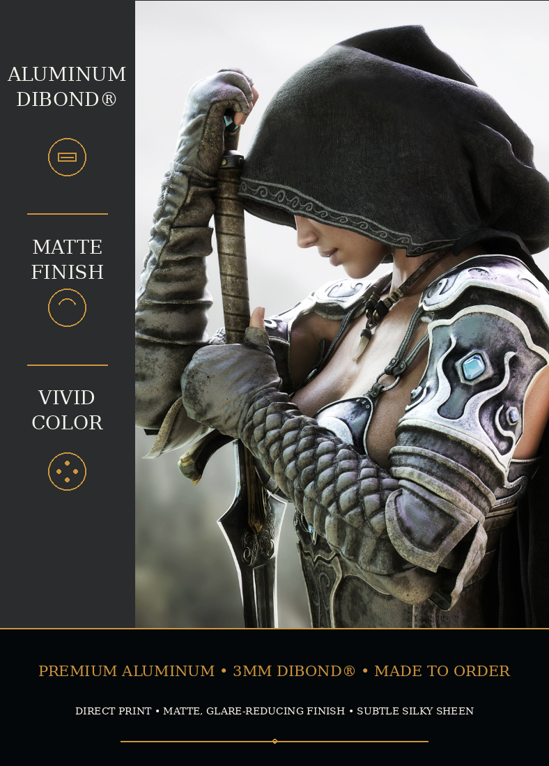 Close-up of a hooded female warrior showing the vibrant color and crisp detail of the aluminum metal print.