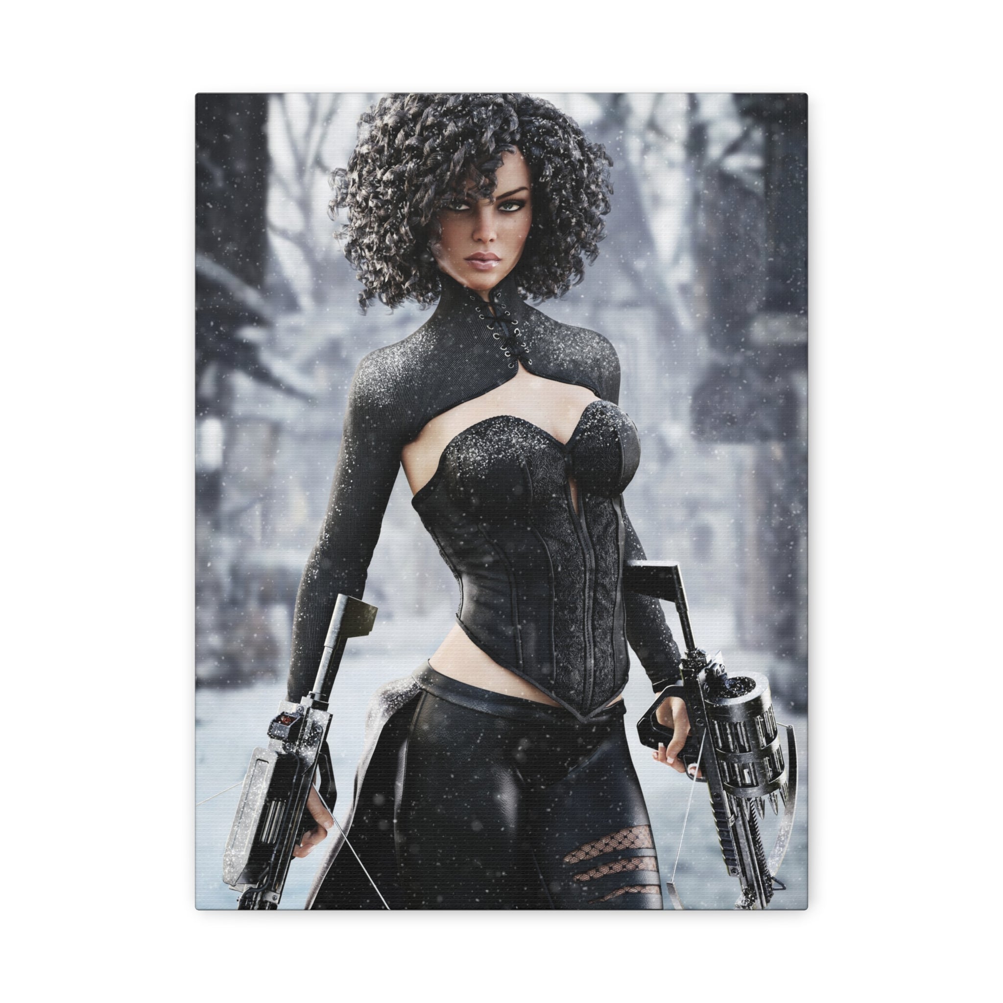 Fantasy female hunter in a snowy forest wielding futuristic crossbows, dressed in elegant black armor with falling snow and icy scenery.