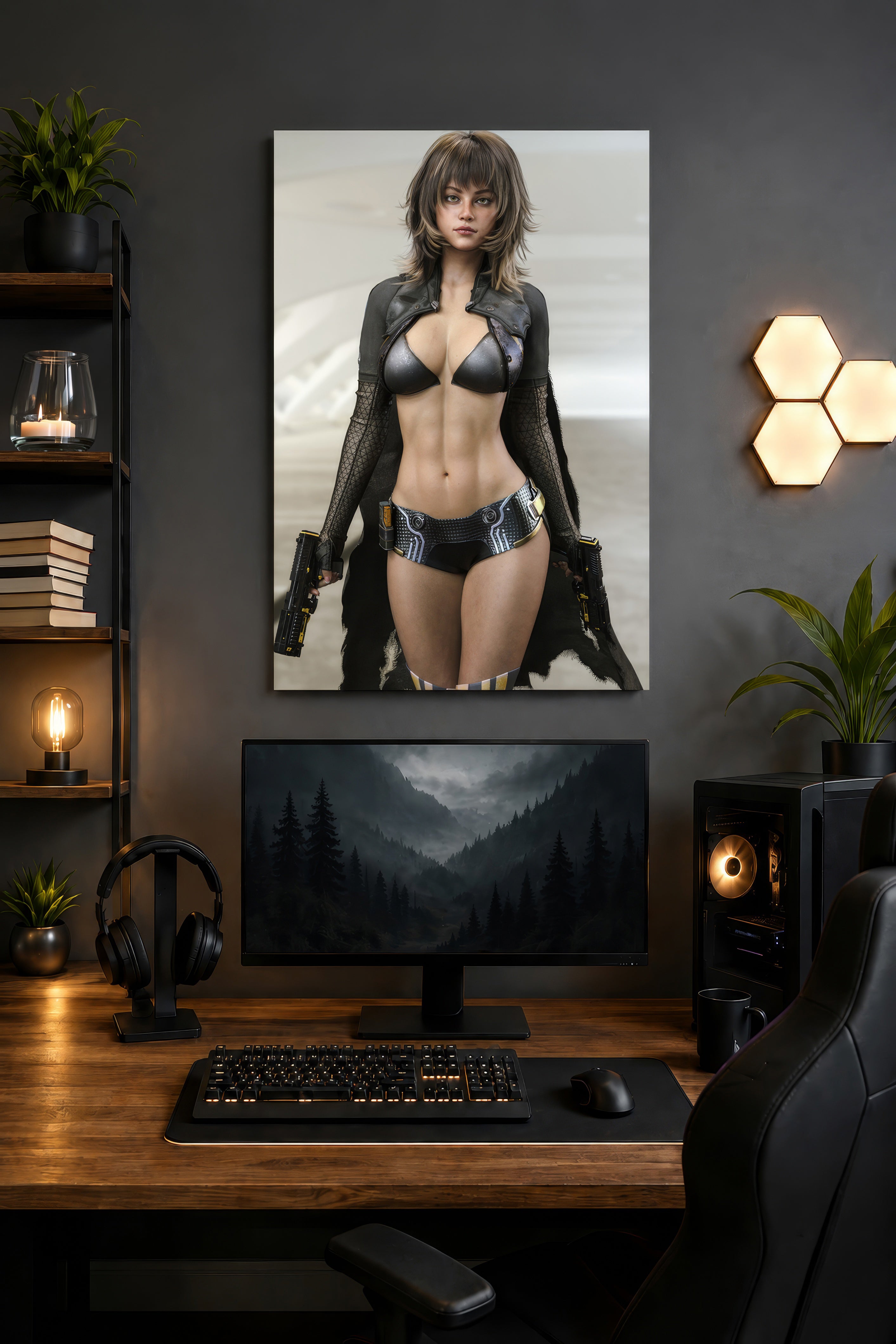 Futuristic sci-fi female shock trooper with dual pistols and cybernetic armor, standing confidently in a sleek futuristic setting wall art.