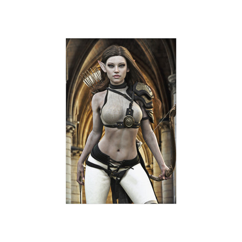 Fantasy wall art featuring a stunning female elf archer with ornate armor, a carved bow, and arrows, standing before majestic cathedral arches in a magical realm.