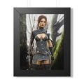 Female wood elf ranger wall art featuring a skilled archer in ornate armor, standing in a misty forest with bow, arrows, and a determined gaze.