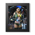 Cyberpunk female operative with a bright blue mohawk holding a futuristic pistol in a neon-lit city street, surrounded by glowing technology and sci-fi ambiance.