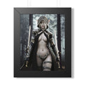 Fantasy wall art of a hooded dark elf warrior with dual swords and ornate armor, standing in a misty forest, ready for adventure and battle.