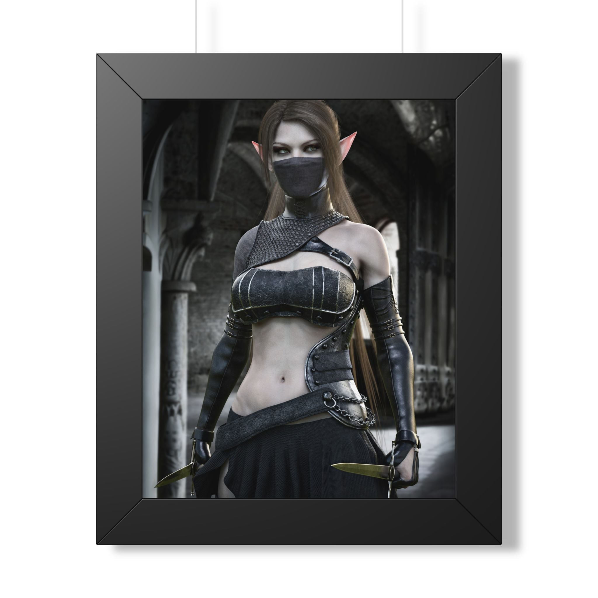 Fantasy wall art featuring a masked dark elf assassin with twin daggers, sleek armor, and piercing eyes in a shadowy medieval fortress setting.