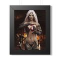 Fantasy wall art featuring a white-haired dark elf sorceress channeling glowing magic in a candlelit chamber filled with ancient mystery and power.
