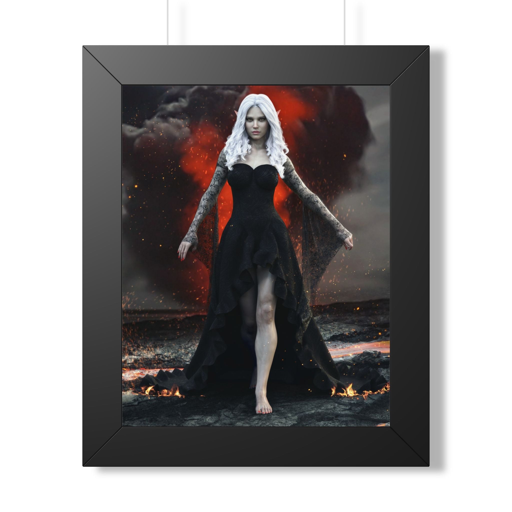 Fantasy wall art of a dark elf sorceress with flowing white hair and a black gown, walking through lava, fire, smoke, and glowing embers.