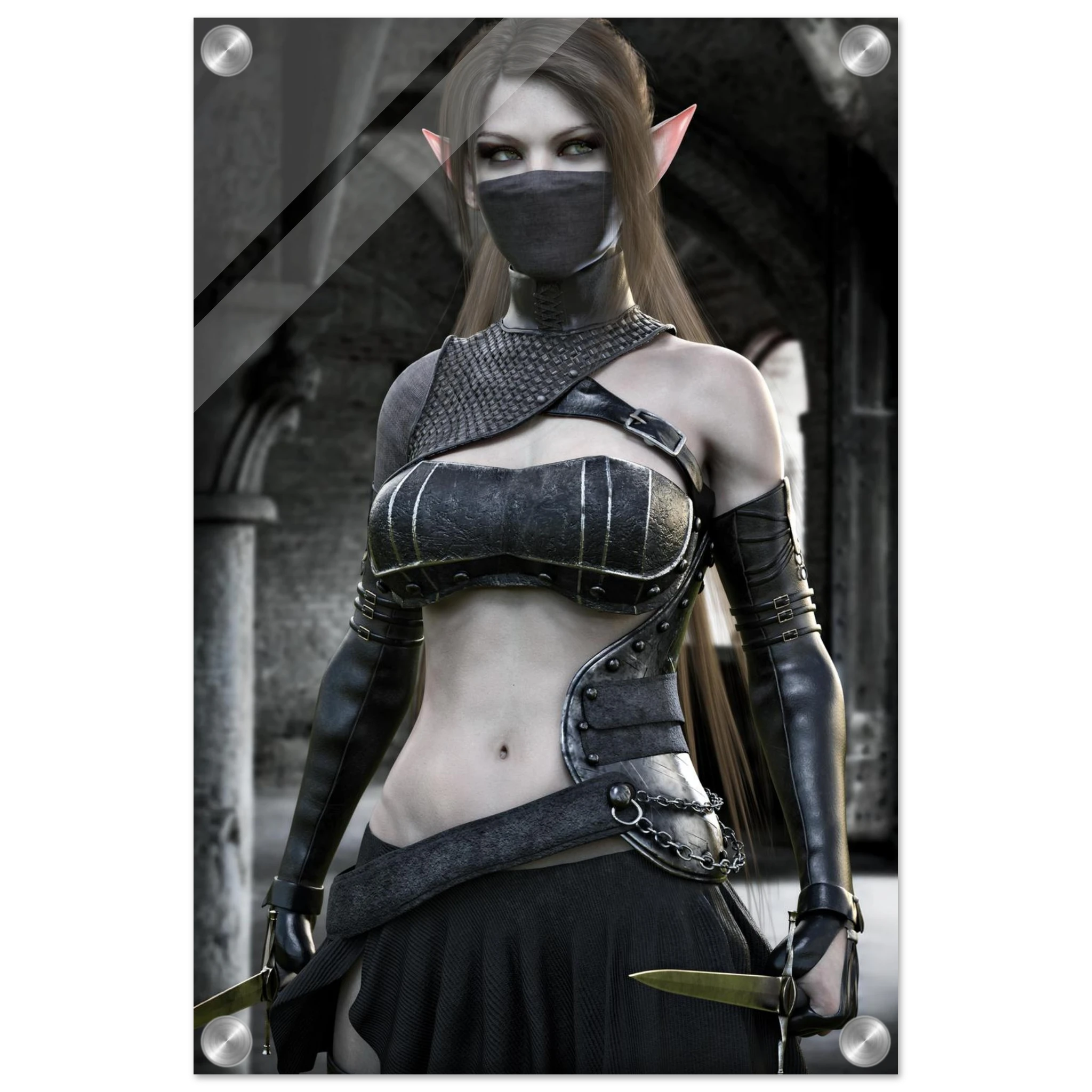 A vertical poster or print featuring a fantasy elf woman in dark metallic armor with a black face mask, pink pointed ears, and a dagger, shown against a blurred stone archway background.