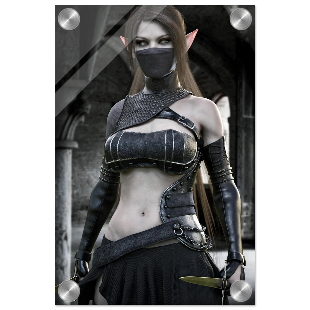 A vertical poster or print featuring a fantasy female elf character with long brown hair, pointed ears, a black face mask, and a dark armored outfit, shown against a dark stone archway background. The print has a glossy finish with visible light reflections near the corners.